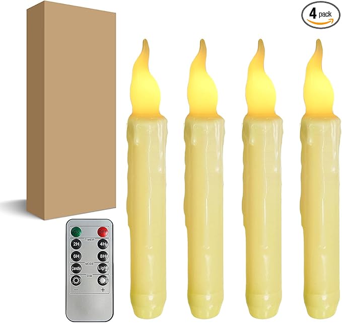 Yellow Flameless Short Taper Candles, Real Wax Hand Dipped LED Battery Operated with Remote, Flickering Flame Lights for Festival Home Décor, 6.7 Inch Primitive Flameless Candles, 4PCS
