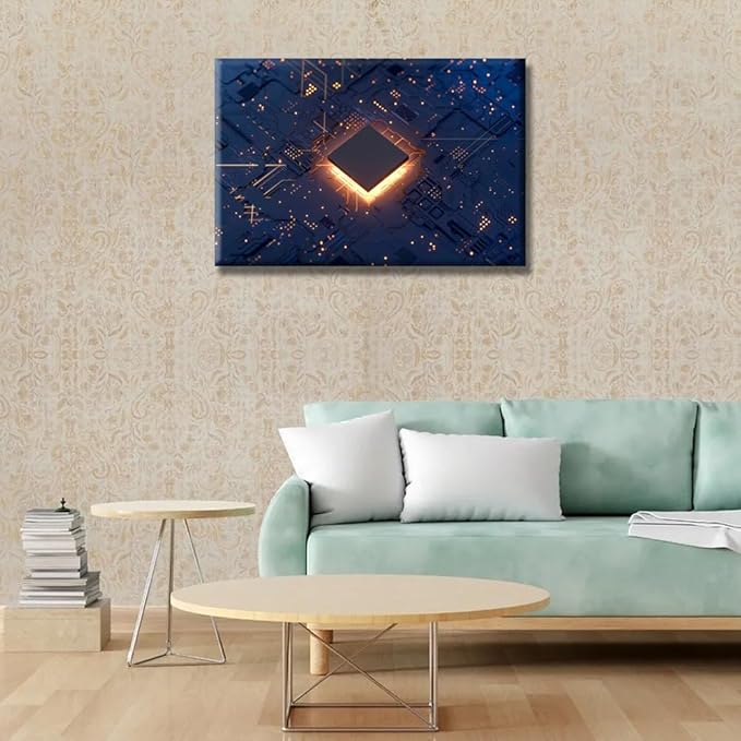 Computer Chip Wall Paintings CPU Concept Pictures Print On Canvas Technology Digital Art Wall Art for Living Room Bedroom Wall Decoration Office Wall Art Giclee Framed Ready to Hang 16X24 INCH