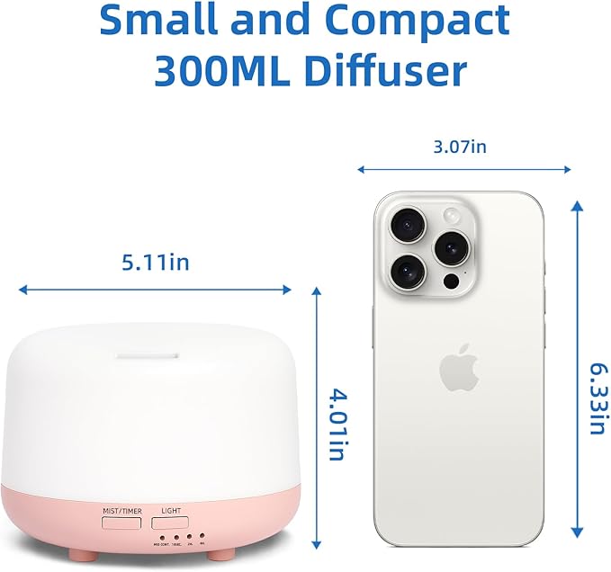300ML Essential Oil Diffuser, Cool Mist Small Diffuser with Remote Control, 7 Color Changing LED Light, 4 Timer Settings,Waterless Safety Shut Off, for Bedroom, Room, Office(Pink)