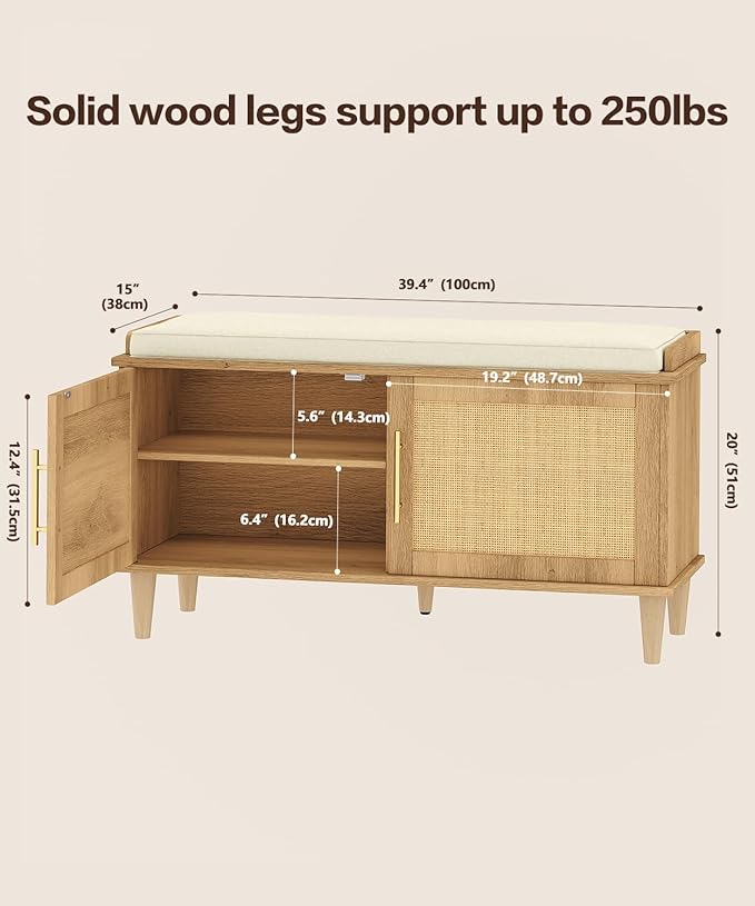 Rattan Shoe Storage Bench with Cushion, 2-Tier Entryway Bench with Adjustable Shelves and 2 Doors, 15" D x 39.4" W x 20" H, Solid Wood Legs, for Hallway, Living Room, Bedroom, Natural Oak