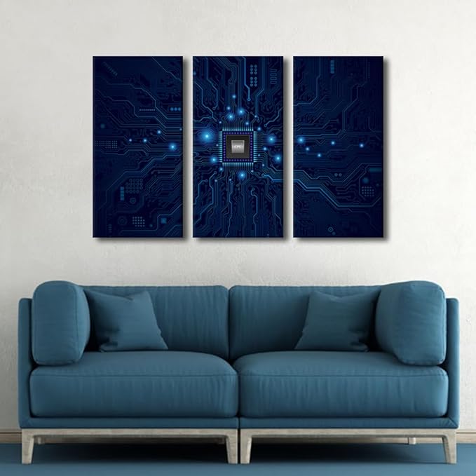 Digital Age Wall Art for Living Room Electronic PC Office Wall Decor 3 Piece Canvas Prints Technology Digital Art Modern Artwork House Decoration for Bedroom Bathroom Framed Ready to Hang(24"Wx36"H)