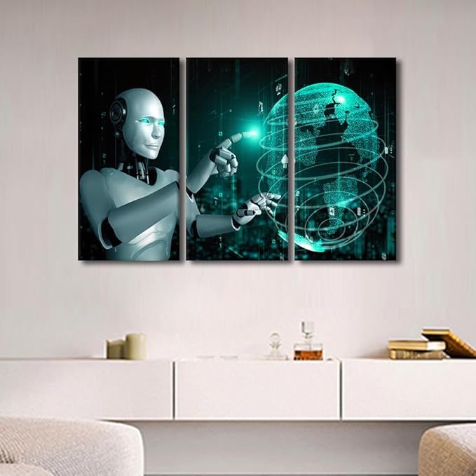 TUMOVO 3 Pieces Canvas Wall Art - AI Intelligence Pictures for Home Wall Decor Robot Canvas Painting Wall Art AI Artwork Giclee Gallery-wrapped Framed Ready to Hang, 60" Wx40 H