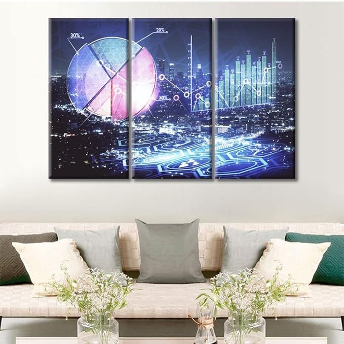 3 Panels Business and Financial Concept Wall Decor for Living Room, Bedroom, Bathroom, Office. Cityscape at Night Background Financial Graph Modern Artwork House Decor Ready to Hang (36"Wx24"H)