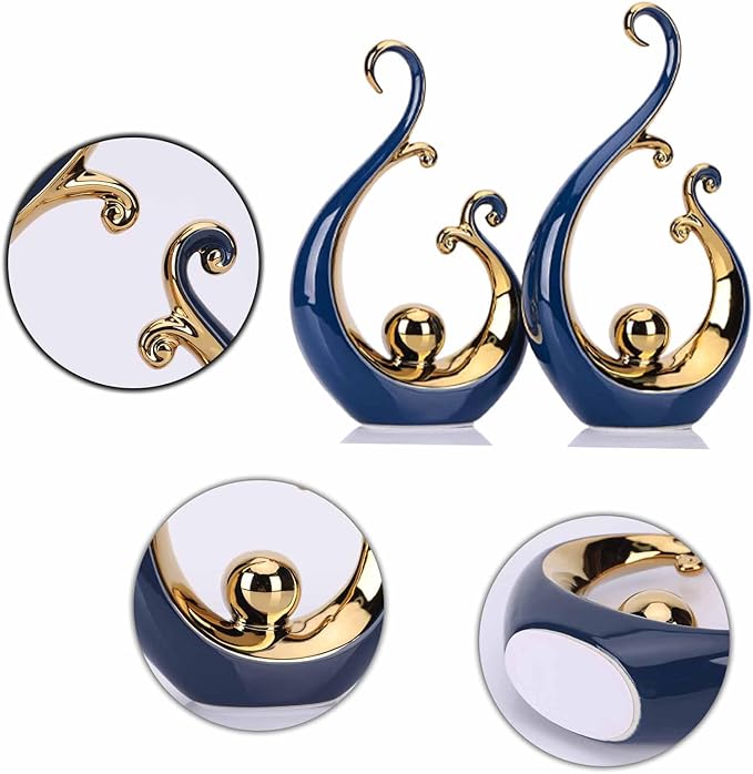 DOVDOV Ceramic Abstract Statues 2 Piece Set, Modern Art Deco, Blue and Gold Home Decor, Office Decor, Shelf Decor, Floor Mantle Decor, Coffee Table Decor Aesthetics.