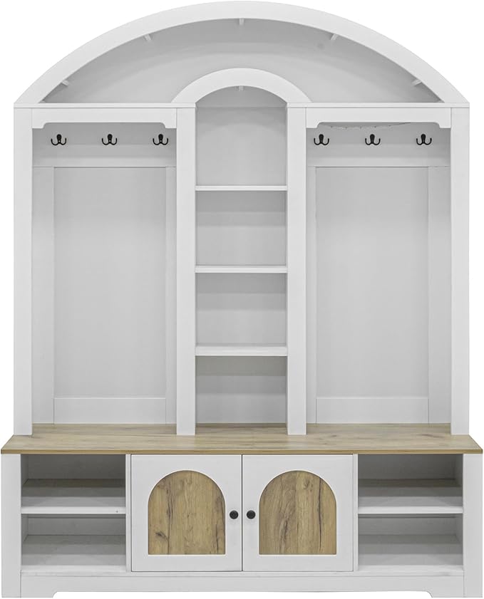 Merax 59" Multi-Functional Hall Tree with Shoe Racks, Curved Style Scandinavian Entryway Organizer with Hangers, Hooks & Shelves for Mudroom, Living Room, White+Walnut