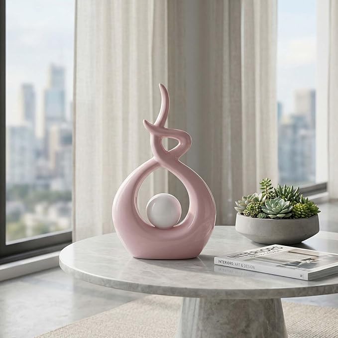 Pink White Modern Sculpture Table Decorations, Ceramic Knick Knacks Statues for Living Room Decor, Tv Stand and Desk Decor, Suitable for Coffee Tables and Shelf Decorations, Great Gift Idea