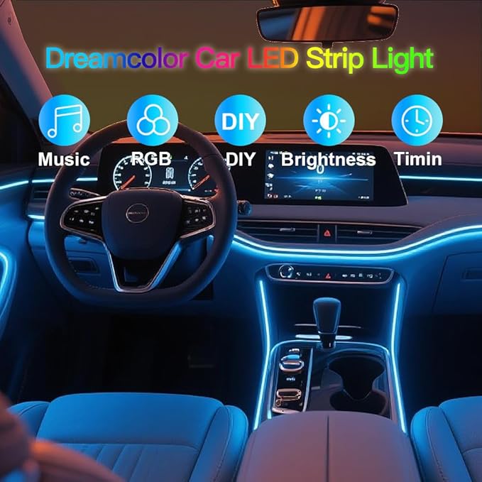 RGB 6 in 1 Interior Car LED Strip Light with Wireless APP,16 Million Interior Lights Car Dreamcolor Acrylic Ambient Lighting 600 LED Music Sync Neon Lights Kits (6 in 1 Set + App Control)