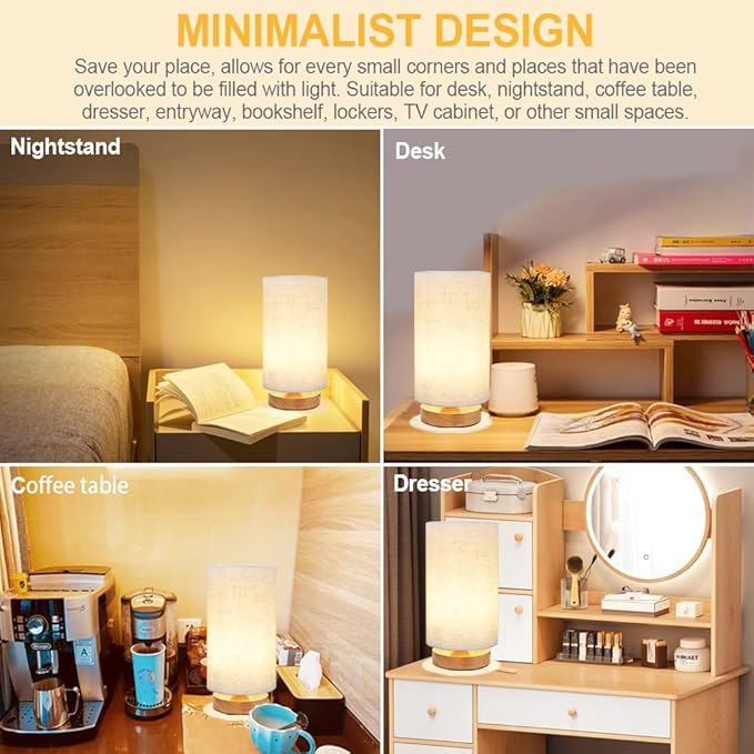 Small Bedside Table Lamp for Bedroom set of 2,Minimalist Wood Base & Round Fabric Shade,Mini Cute Cozy Warm Nightstand Boho Lamp set, Study Desk Night Stand Light for Room, Dorm,Nursery,Living Room