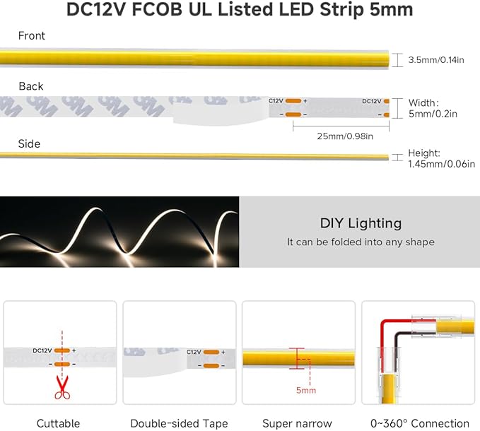 BTF-LIGHTING FCOB COB 5mm Width UL Listed Super Narrow Flexible Uniform Light LED Strip 16.4FT DC12V 3000K CRI 90+ Dimmable LED Ribbon for Kitchen Home Indoor Decoration(No Adapter or Controller)
