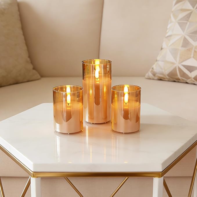 Rechargeable Flameless LED Gold Glass Candles–Luminous Real Wax Indoor Home Decor–Set of 3, Realistic Flickering LED Flame,Remote & Timer,Ideal for Living Room, Bedroom & Festival Décor