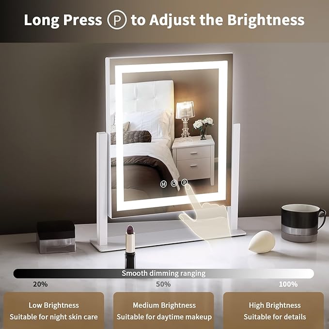 Lighted Makeup Mirror with Smart Touch, 3 Color Modes & Stepless Dimming, for Desk Bedroom Dressing Room, LED Vanity Mirror 13.2" H x 11.2" W