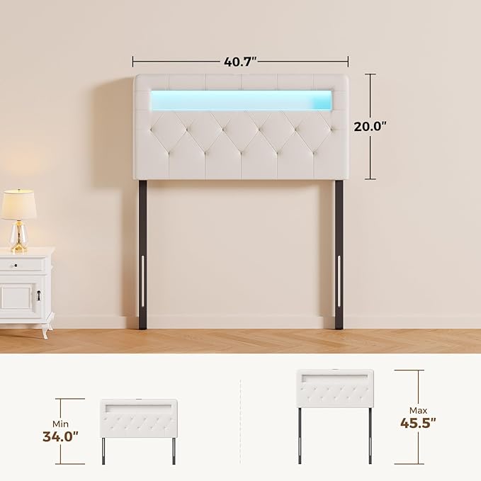 GREENSTELL Headboard for Twin Size Bed with 60,000 DIY Color of LED Light, USB & Type C Post, Upholstered, Height Adjustable, Sturdy, Easy Assembly, Wall Mounted Head Boards Only, White