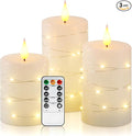 Amagic 3"×4" 5" 6" Flameless Candles with String Lights, White 11-Key Remote & Timer Battery Operated Flickering Led Pillar Candles Real Wax for Home, Lantern, Halloween and Christmas Decor, Set of 3