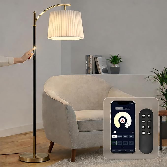 Etto Modern Dimmable Floor Lamp with Fabric & Pleated Shades, Remote & Touch Control, Adjustable Brightness & Color Temperatures, Tall Standing Lamp for Living Room Bedroom Office (Black Gold)