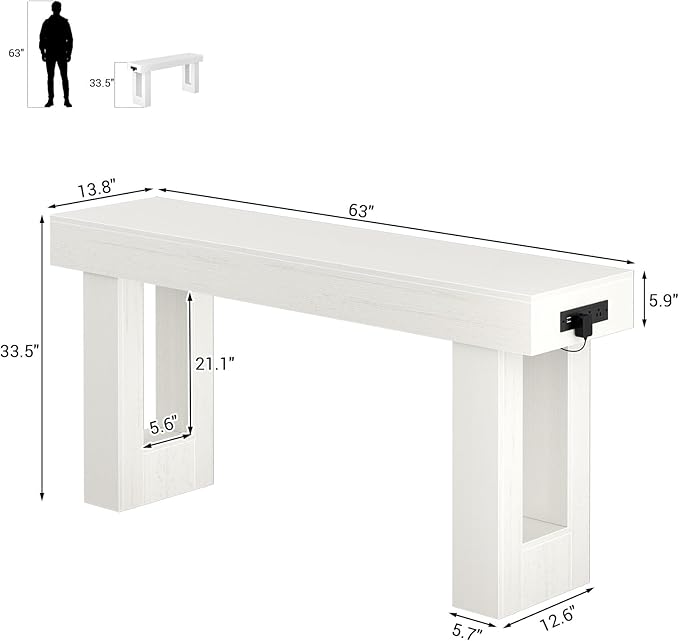 Unikito 63'' Farmhouse Console Table with Power Outlets and Sensor Light, Wooden Entryway Table with Storage, Rectangular Sofa Tables Behind The Couch for Entrance, Hallway, Living Room, Antique White
