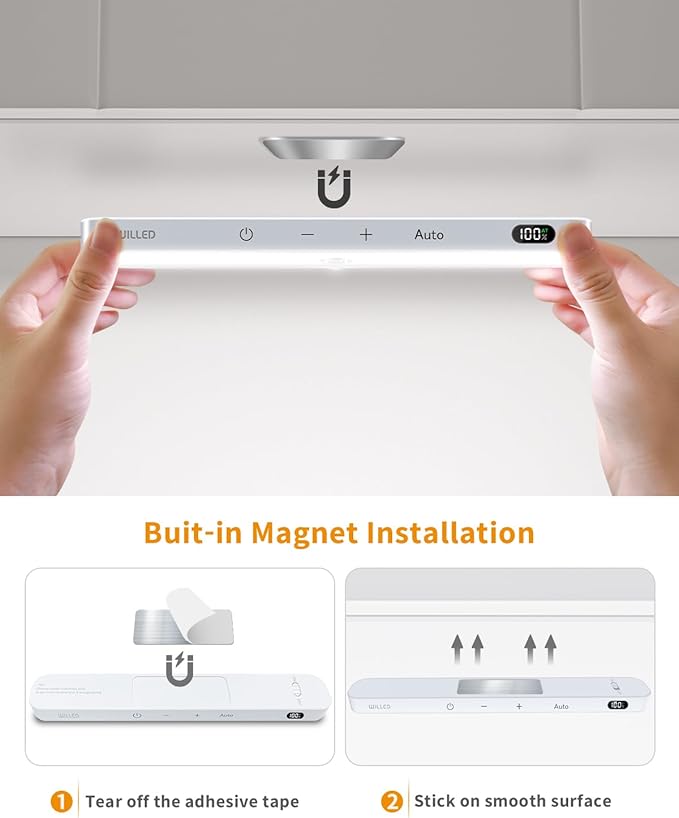 WILLED Motion Sensor Light Indoor, Battery Display, 60 LED Touch Light Bar, Under Cabinet Lights Rechargeable, Battery Operated Closet Light Wireless, Stick on Under Counter Lights for Kitchen(4 Pack)