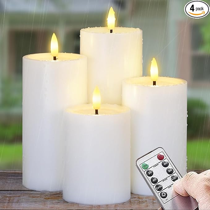 Outdoor 4pcs Flameless Waterproof Candles with Handy Remote Control, Cycle Timer Battery Operated Candle Grease Effect LED Flickering Pillar Plastic Long Lasting (White, 3" x4" 5" 6" 7")