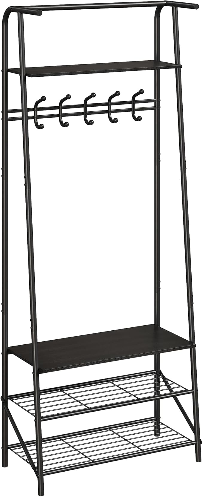 Coat Rack Hall Tree with Shoe Storage Bench, 4-in-1 Entryway Organizer, 5 Hooks & 3-Tier Shoe Rack, Freestanding Metal Frame for Hallway, Front Door