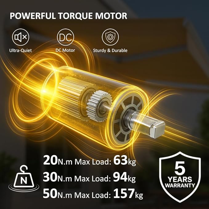 Remote Control DC24V Motorized Roller Shade Motor with Manual Override, 45mm Brushless Electric Awning Motor for Windproof Shades, High Torque Tubular Motor (20 N.m for Φ60mm（2-3/8"） Round Tube)