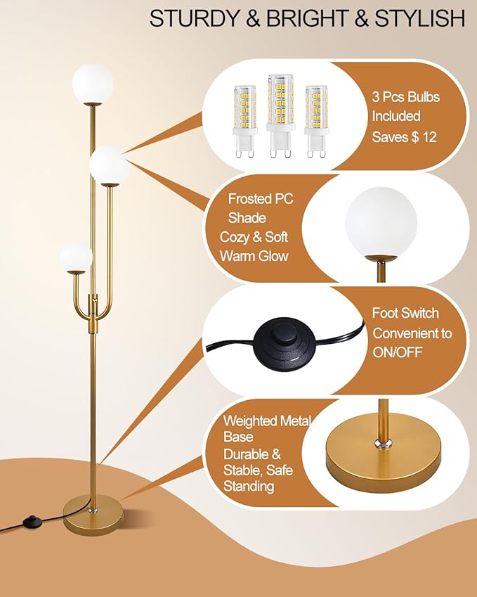 Lightdot 66IN Gold Globe Floor Lamp 3-Lights Vintage Gold Floor Lamps with 3000K Bulbs Included for Wedding Party Modern Tall Standing Lamp Dimmble for Living Room/Bedroom/Sofa Beside/Corner Decor