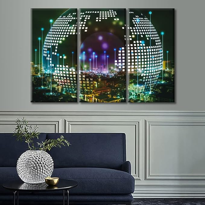 3 Pieces Communication Technology Concept Pictures Canvas Paintings Home Decor City with Wireless Network Connection Wall Art for Living Room Posters and Prints Framed Ready to Hang (36"Wx24"H)