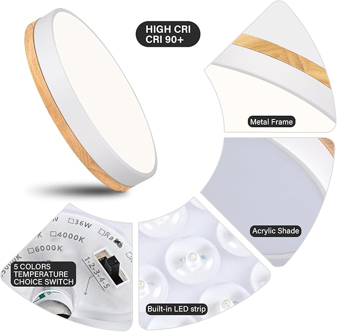Modern LED Ceiling Light, Dimmable Wood Flush Mount Ceiling Lighting Fixture, 5CCT Round Wood Close to Ceiling Lamp for Kitchen Hallway Bathroom Office Laundry Room Entryway Nursery(White& 15.75 in)