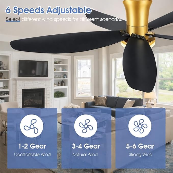 42" Ceiling Fans with Lights-Low Profile Ceiling Fan with Light and Remote/APP Control,Flush Mount Gold Ceiling Fan with Reversible Black Blades