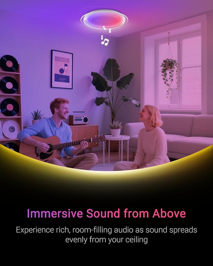 1-Pack, 21 inch Smart LED Music Ceiling Light with Bluetooth Speaker, Compatible with Alexa & Google Home, Color Changing RGB Dimmable Light for Living Room, Bedroom, Kitchen