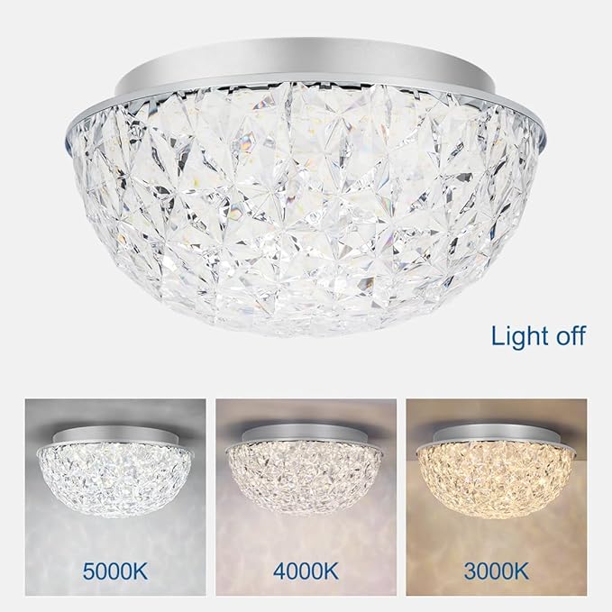 DAKASON LED Ceiling Light Fixture Flush Mount, Crystal Chandelier Modern Ceiling Light for Kitchen, Hallway, Living Room, Foyer, Closet, 12In 15W 1640LM, 3/4/5000K CCT Selectable, Dimmable