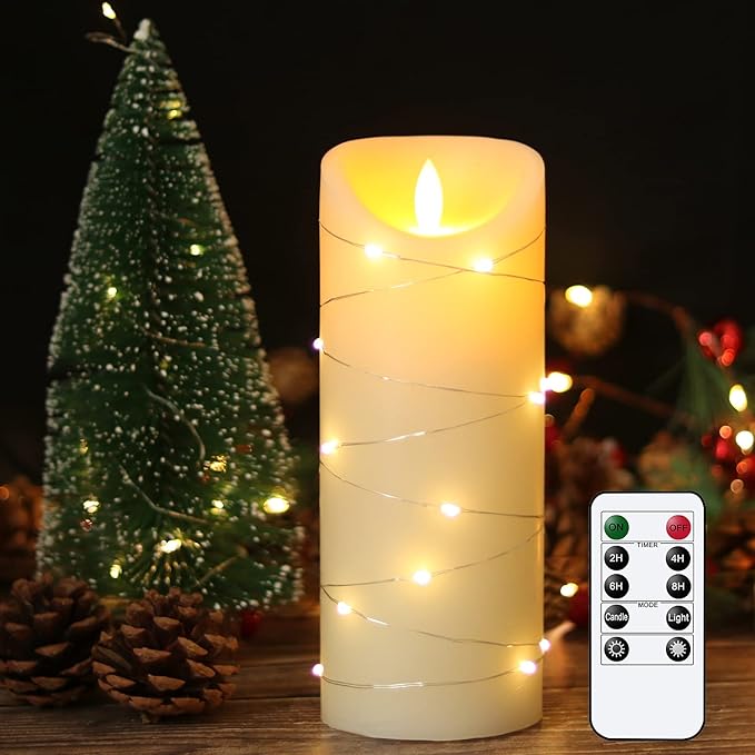 DRomance Large Flameless Pillar Candle String Light with 10-Key Remote and Timer, 2 C Batteries Operated Moving Wick Dancing Flame Real Wax LED Pillar Candle Holiday Season Decor(3 x 8 Inch)