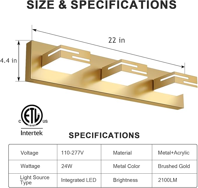 LED Modern Bathroom Vanity Light Fixtures, 3-Light 22-inch Dimmable Gold Vanity Lights for Bathroom Lighting Fixtures Over Mirror, with 350° Rotatable Heads (Cool White 6000K)