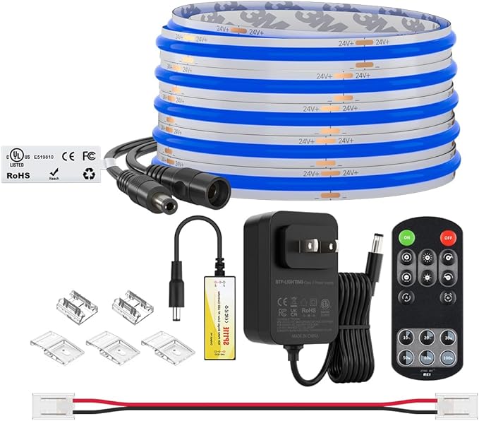 BTF-LIGHTING COB LED Strip Light 24V 16.4FT UL Listed, Blue Color Dimmable High Density Flexible Tape Light with RF Remote & ETL Power Adapter, Ultra Bright for Bedroom Kitchen Home Indoor Lighting