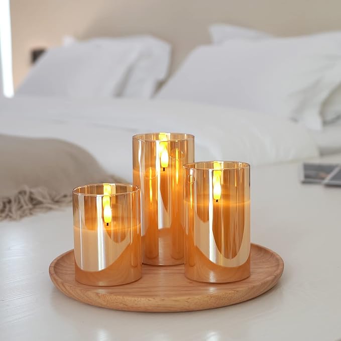 Amagic Gold Glass Flameless Candles Battery Operated with Timer, Remote Control, Flickering LED Fake Pillar Candles for Fall Decoration, Christmas Thanksgiving Decor, Amber, Set of 3