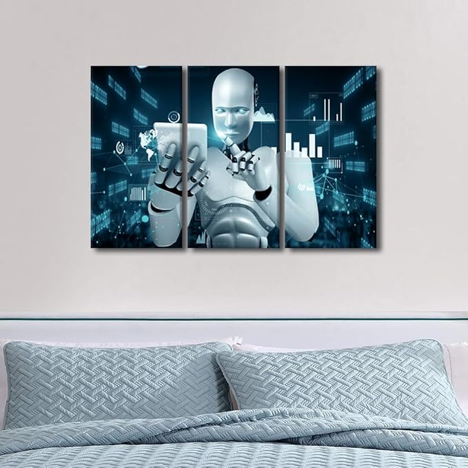 AI Intelligence Pictures for Living Room Wall Decor Banquet Art Prints Robot Paintings 3 Pieces Canvas Wall Art Robot Canvas Prints Framed Wall Art Ready to Hang, 36" Wx24 H