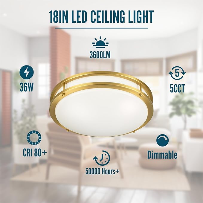 18 inch Ceiling Light Fixture Flush Mount Gold, 36W Large Living Room Ceiling Light LED, Dimmable Kitchen Lighting Fixture for Bedroom, Bathroom, Living Room