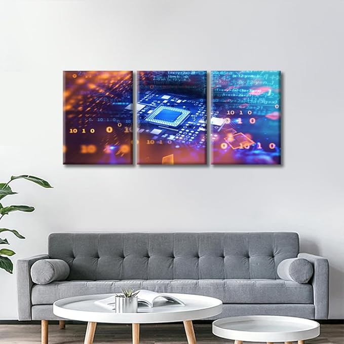 3 Piece Motherboard Digital Chip Information Wall Decor Computer Processors CPU Art Prints Wall Decor Living Room Giclee Wooden Framed Gallery-Wrapped Ready to Hang (36" Wx16 H)