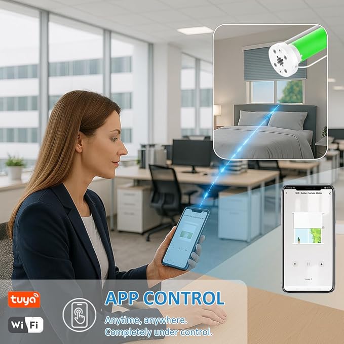 Smart WiFi Roller Shade Motor for 1.5" (38mm) Tube, Tuya App Alexa Voice Control No Hub Needed, 1.1Nm/2Nm Electric Blind Motor Retrofit Kit, RF Remote & Schedule Timer (2.0N.m Torque for 25rpm)