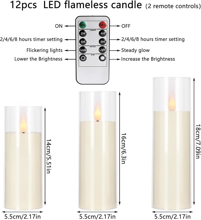 12 Packs of Acrylic LED Candles, Flickering Flameless Candles Battery Operated with Remote Dimmed and Timed, 3D Wick Candles for Home Decor,Wedding,Gift，Parties and Festivals. (3 Size Ivory)