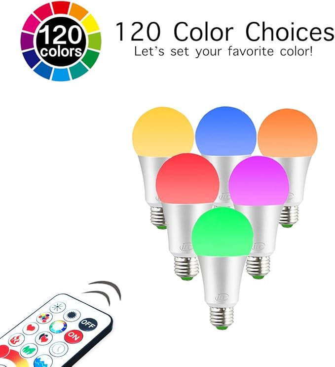 ILC LED Color Changing Light Bulb, 120 Colors, 5700K Daylight White, 70 Watt Equivalent with Remote Control RGBW RGB Daylight and White – Timing Function - A19 E26 Edison Screw (2 Pack)
