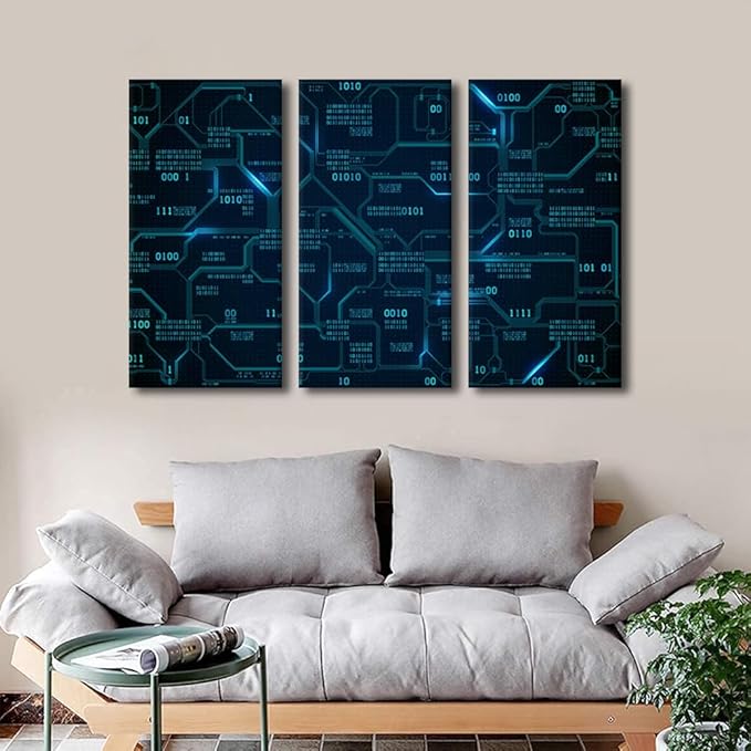 3 Panels Wall Decor CPU Concept Canvas Wall Art Technology Digital Art Contemporary Artwork for Office Electronic PC Picture Print on Canvas Framed for Living Bedroom Home Ready to Hang(28" Wx42 H)
