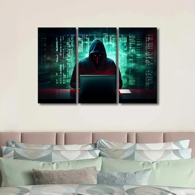 TUMOVO AI Big Data Prints Wall Art Home Wall Decorations Hacker Malware Large Wall Decor 3 Pieces Hacker Canvas Wall Art Artwork for Home Office Decoration Framed Ready to Hang, 36" Wx24 H
