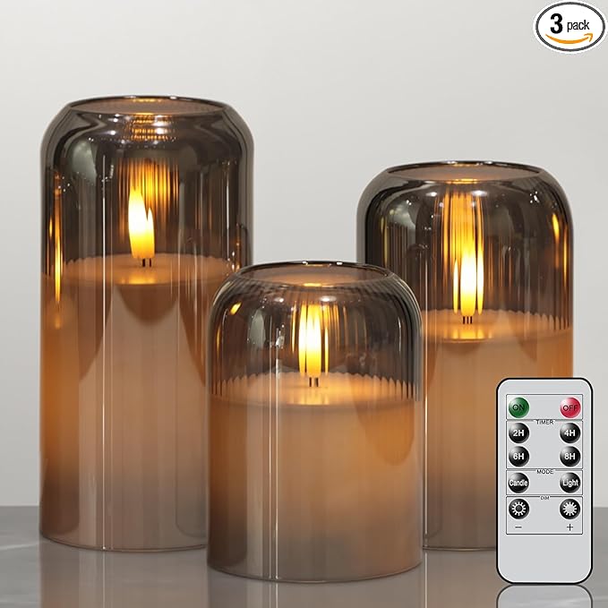 Glass Flameless Candles, Striped Glass Flameless Candles with Remote, Set of 3 Battery Operated Candles with Flickering 3D Wick, LED Pillar Candle for Home Halloween Decor(Grey, D3”xH4”5”6”)