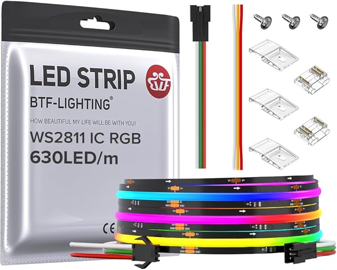 BTF-LIGHTING FCOB WS2811 IC RGB COB LED Strip 9.8FT DC12V 630LED/m Flexible High Density Uniform Chasing Color Light 14IC/m 10mm Width Black PCB for Home Indoor Decor(No Adapter or Controller)