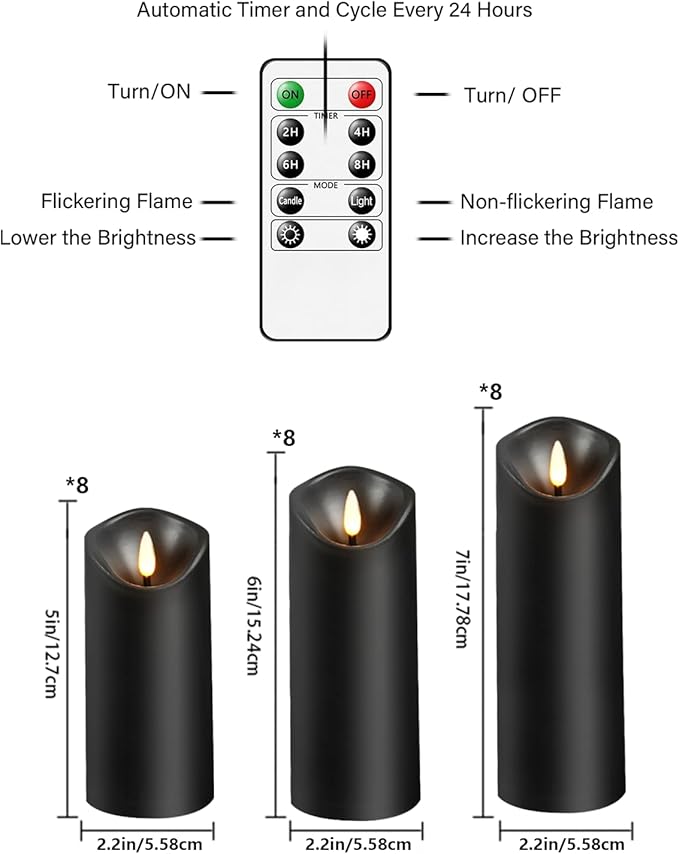 Flameless Candles with Remote, Battery Operated Flickering Flameless Candles, LED Candles with Timer 2/4/6/8H, with Realistic LED Candles Set of 24 (D2.2 x H 5" 6" 7") (Black)