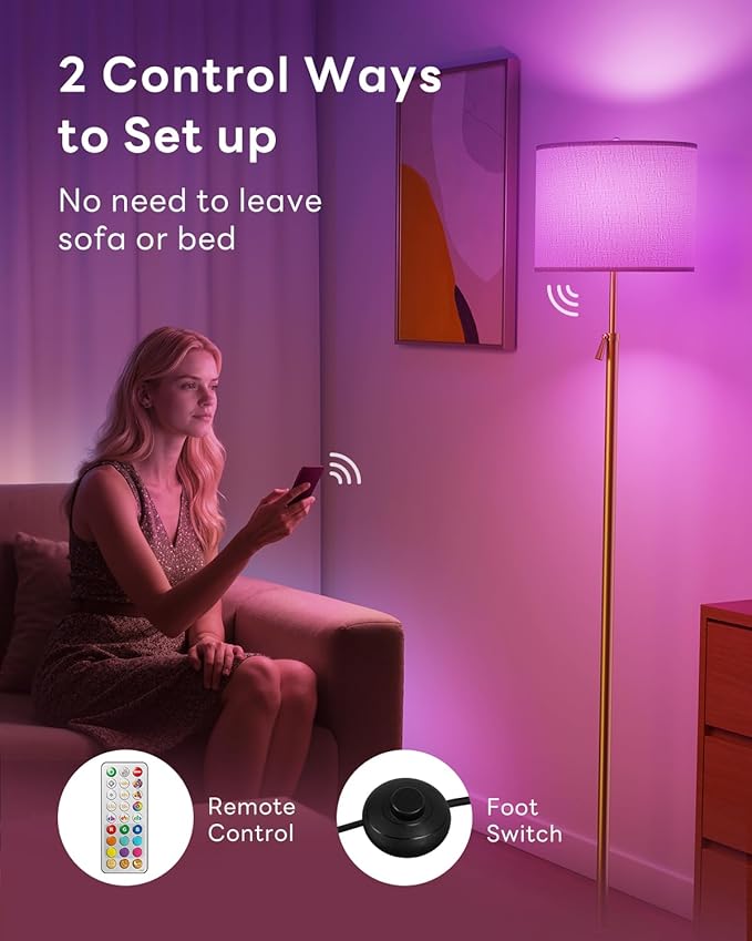 Floor Lamp for Living Room with RGBCW Color Changing Bulbs Dimmable, Adjustable Height Standing Lamp with Remote Control, 10W 1200 Lumen, Tall Lamp for Living Room, Bedroom, Office, Gold