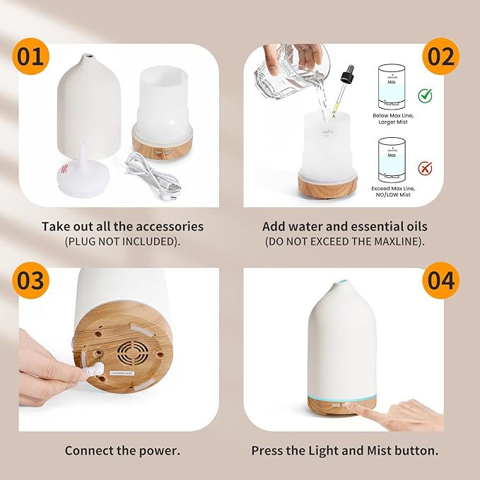 URPOWER 120ML Ceramic Essential Oil Diffuser, Ultrasonic Aromatherapy Diffuser with 7-Color Lights, Auto Shut-Off, Quiet Oil Diffuser for Bedroom, Home Office