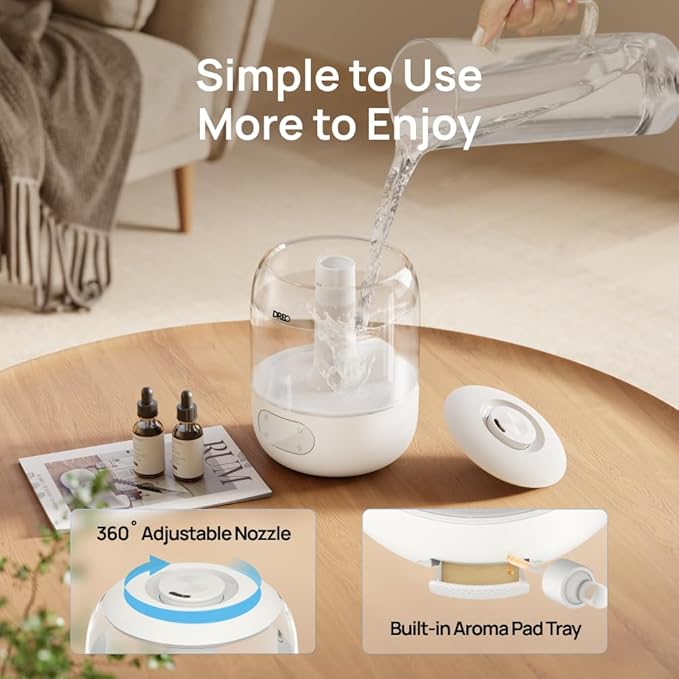 DREO Humidifiers for Bedroom, Cool Mist Ultrasonic Humidifier with 26dB Quiet & RGB Lighting, Top Fill 3L Tank, Easy Clean, 30 Hr Runtime for Home, Baby, Plant, Nursery, Work with Google/Alexa