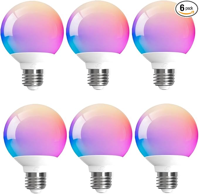 ILC G25 Globe Light Bulbs, App-Controlled Vanity Light Bulbs via Bluetooth Mesh,1600 Million Colors, 600LM, 6W, 60W Equivalent, 2700K Warm White, CRI>95+, E26 Base, Dimming via app only, 6 Pack
