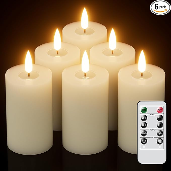 Eldnacele Flameless Pillar Flickering Candles with Remote and Timer, Battery Operated 3D Wick Real Wax LED Candle Set of 6 Ivory Candles Christmas Holiday Decor Wedding Home Indoor Decorations
