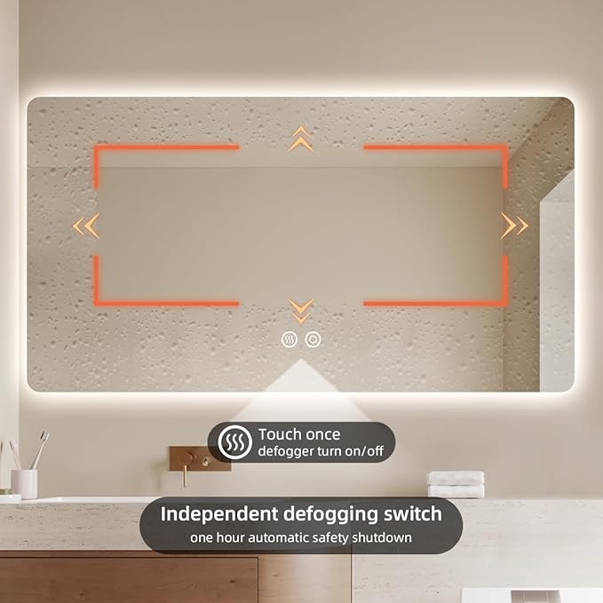 36" x 48" Frameless LED Bathroom Mirror with Lights, Lighted Vanity Mirror with Anti-Fog, 3-Color Stepless Dimmable, Memory, Shatterproof, UL-Listed, Wall Backlit Mirror (Horizontal)